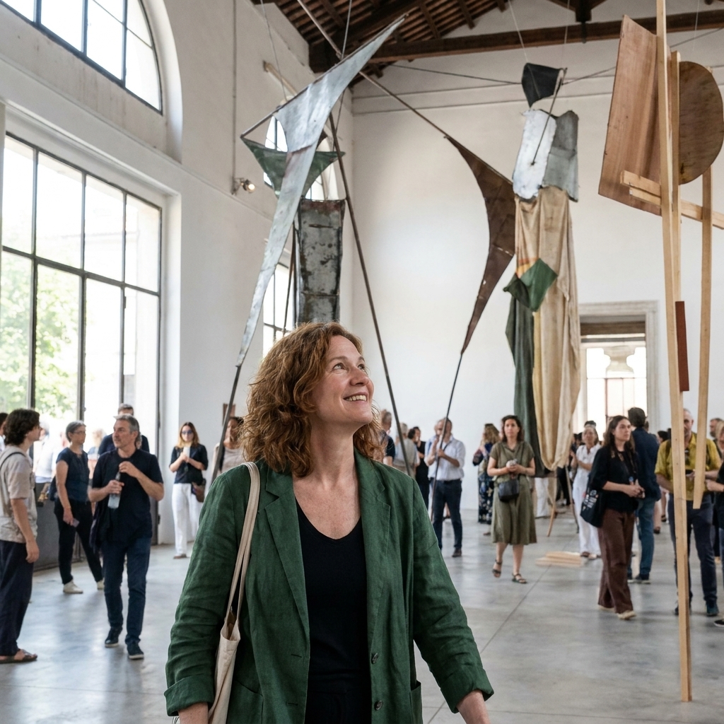 Visitors walking through a contemporary art exhibition at the Venice Biennale with sculptural installations in a high-ceilinged space