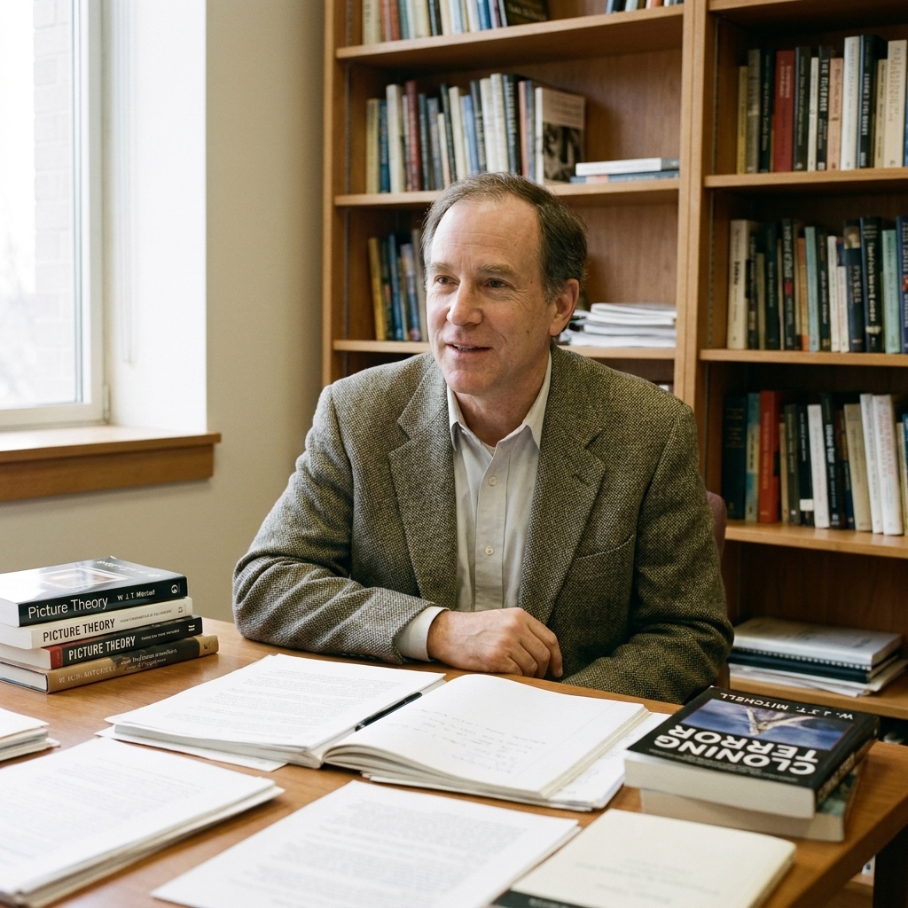 W. J. T. Mitchell in a candid photograph, seated in an office with papers and books on a desk behind him