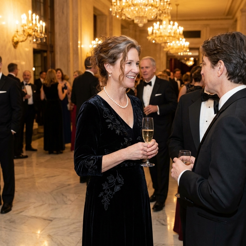 Well-dressed opera audience members in evening attire mingling in a grand foyer with marble floors and warm chandelier light